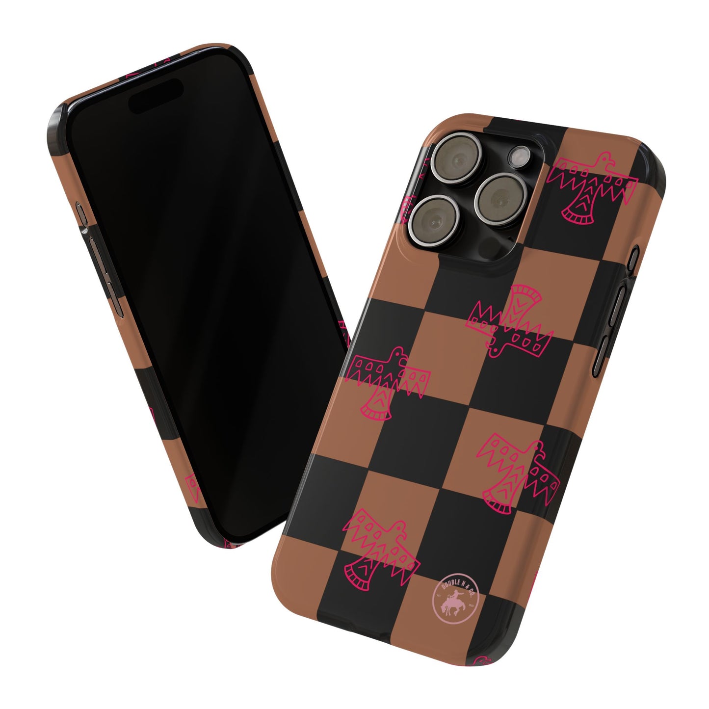 Slim Phone Case — Brown & Black Checkerboard with Pink Thunderbirds