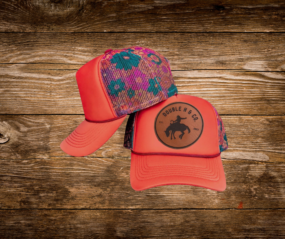 Coral & Floral Leather Patch Trucker Hat