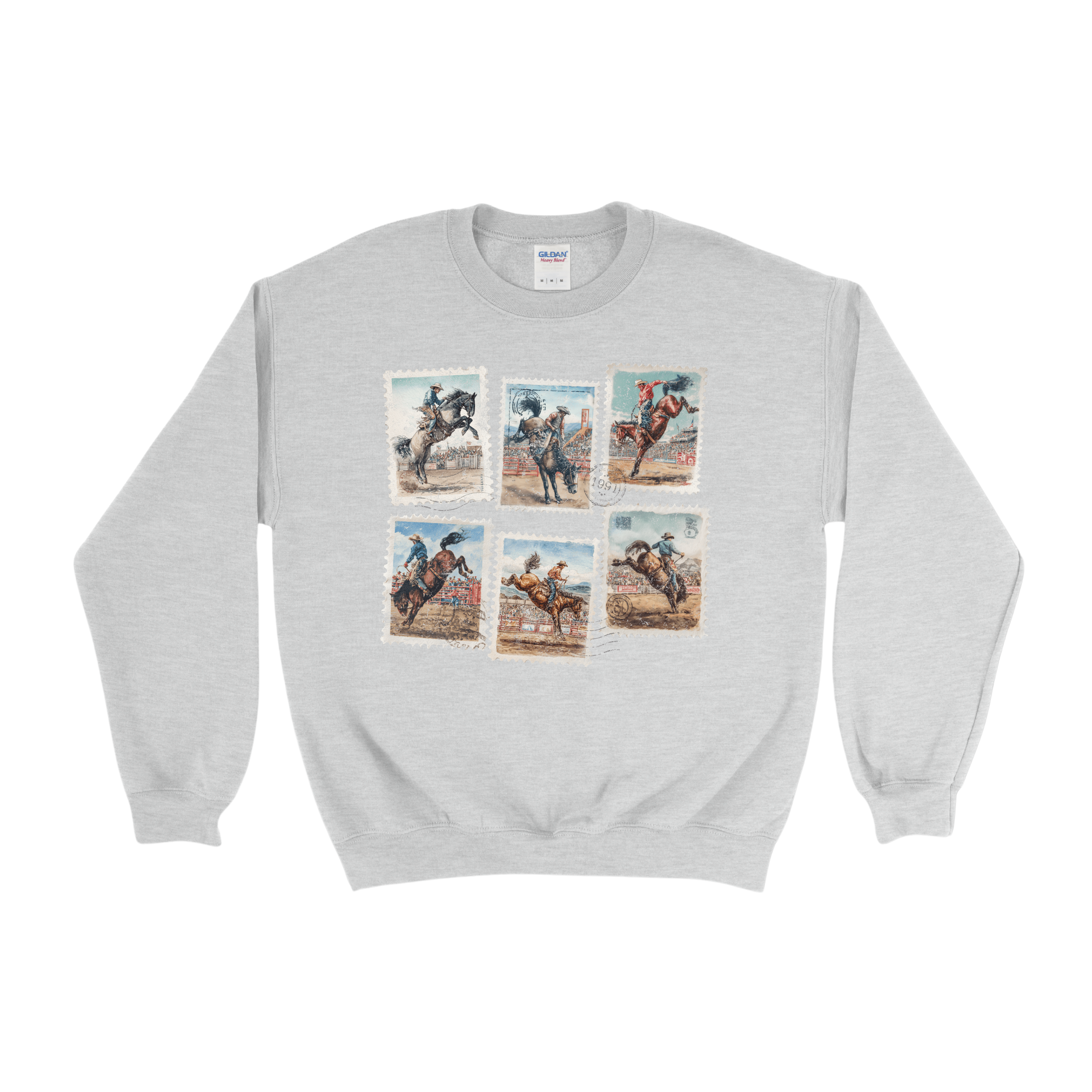 Rustic Postage Stamp Bucking Horses Crewneck