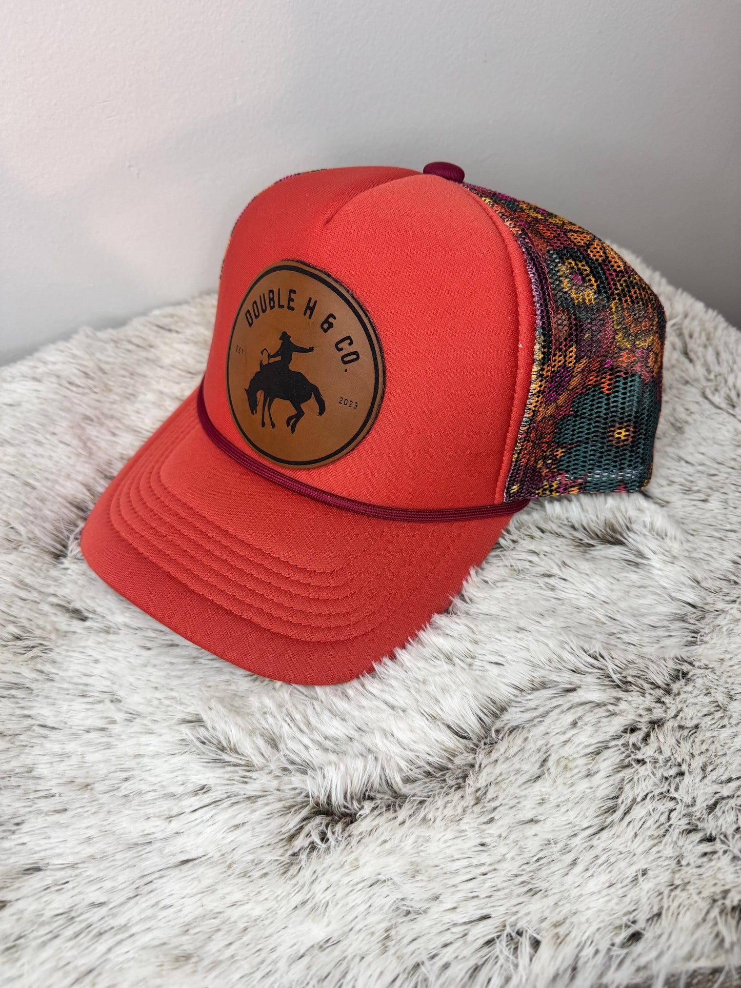 Coral & Floral Leather Patch Trucker Hat