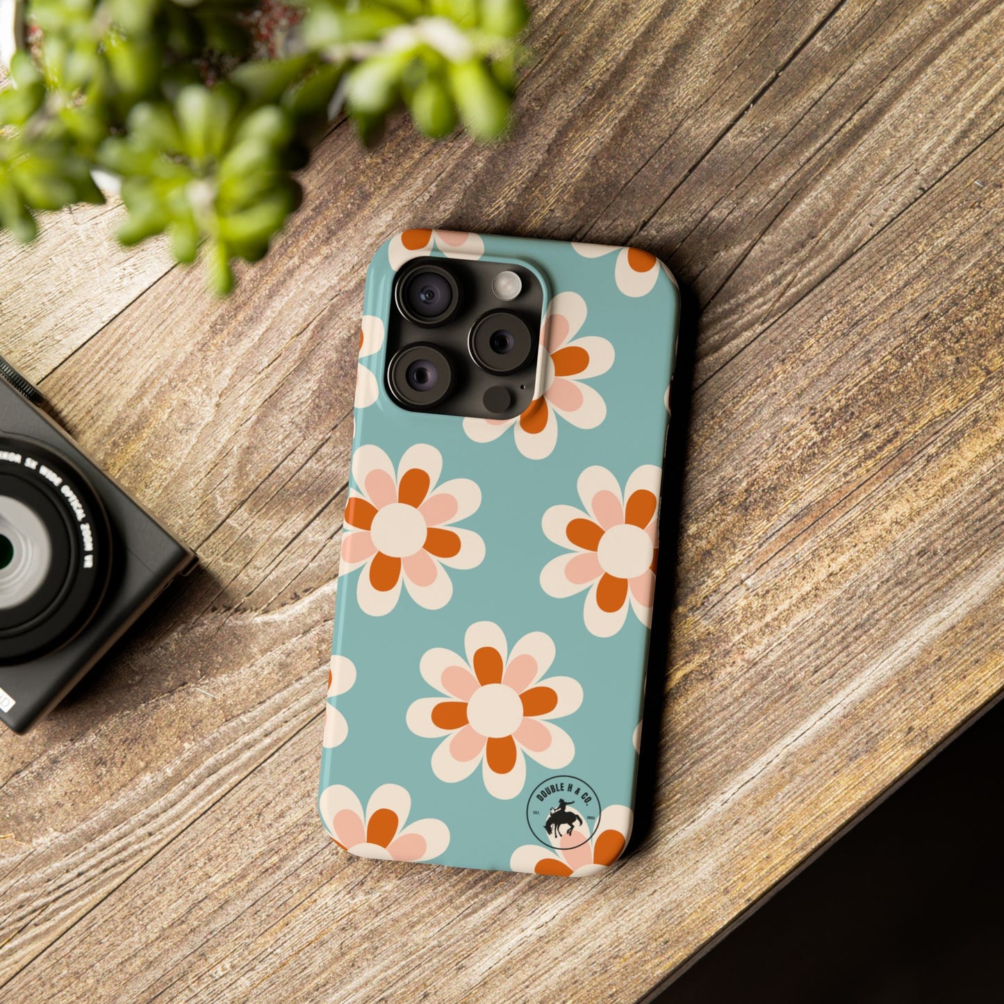 Slim Phone Case — Retro Daisy Floral Pattern (Teal & Orange)