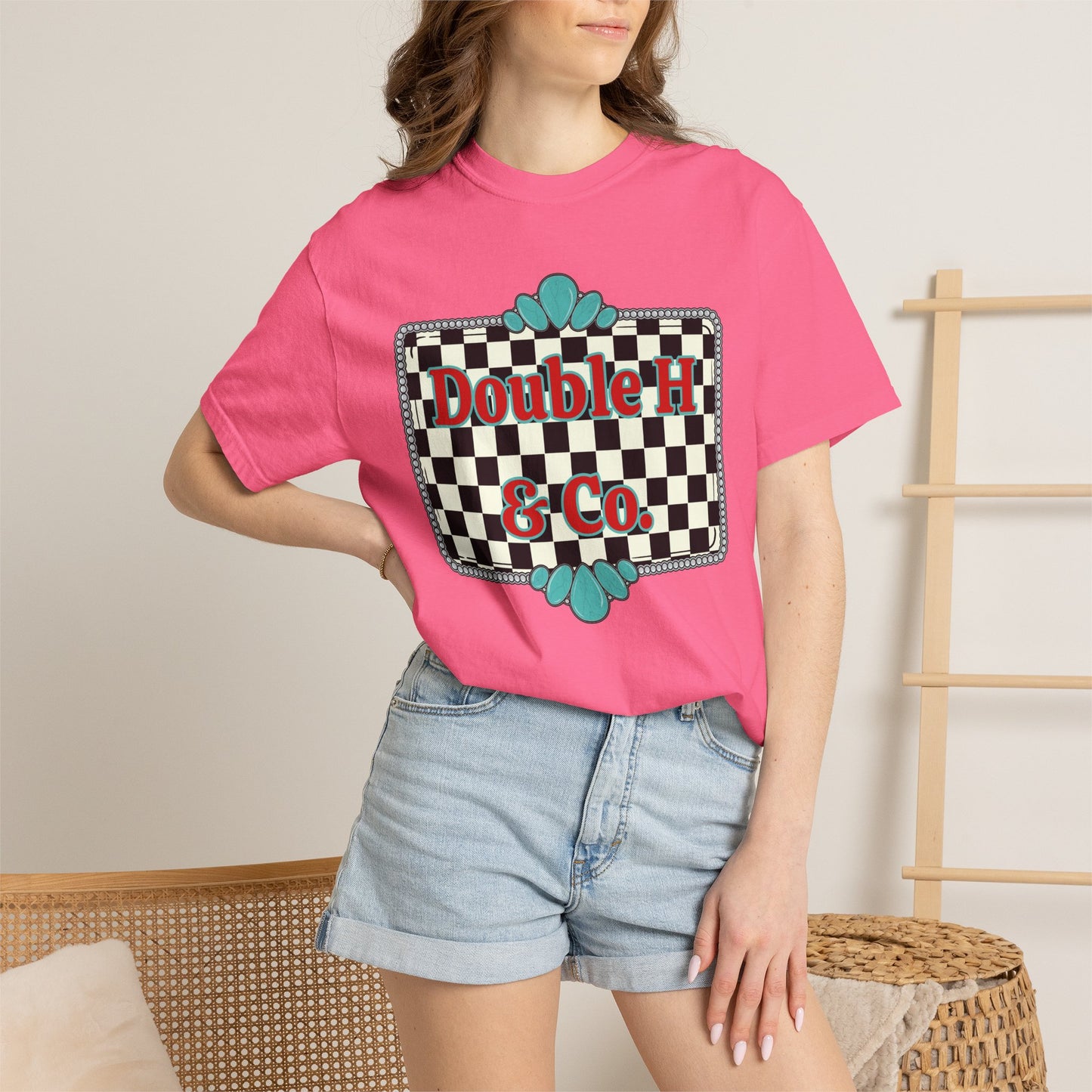 Double H & Co. Checkered Turquoise Tee