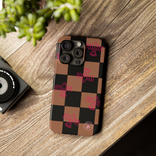 Slim Phone Case — Brown & Black Checkerboard with Pink Thunderbirds