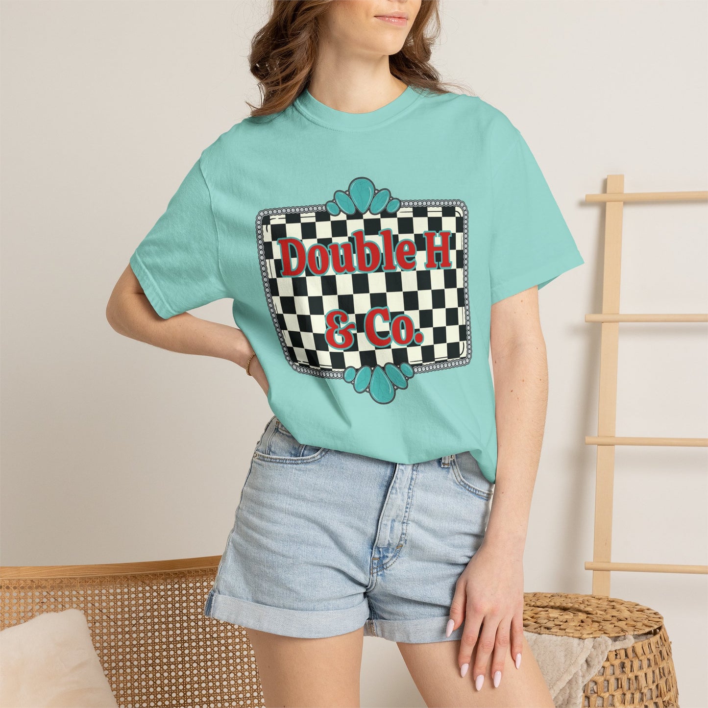 Double H & Co. Checkered Turquoise Tee