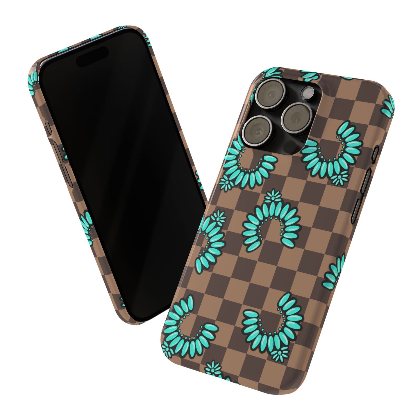 Slim Phone Case — Teal Floral Checkerboard Pattern
