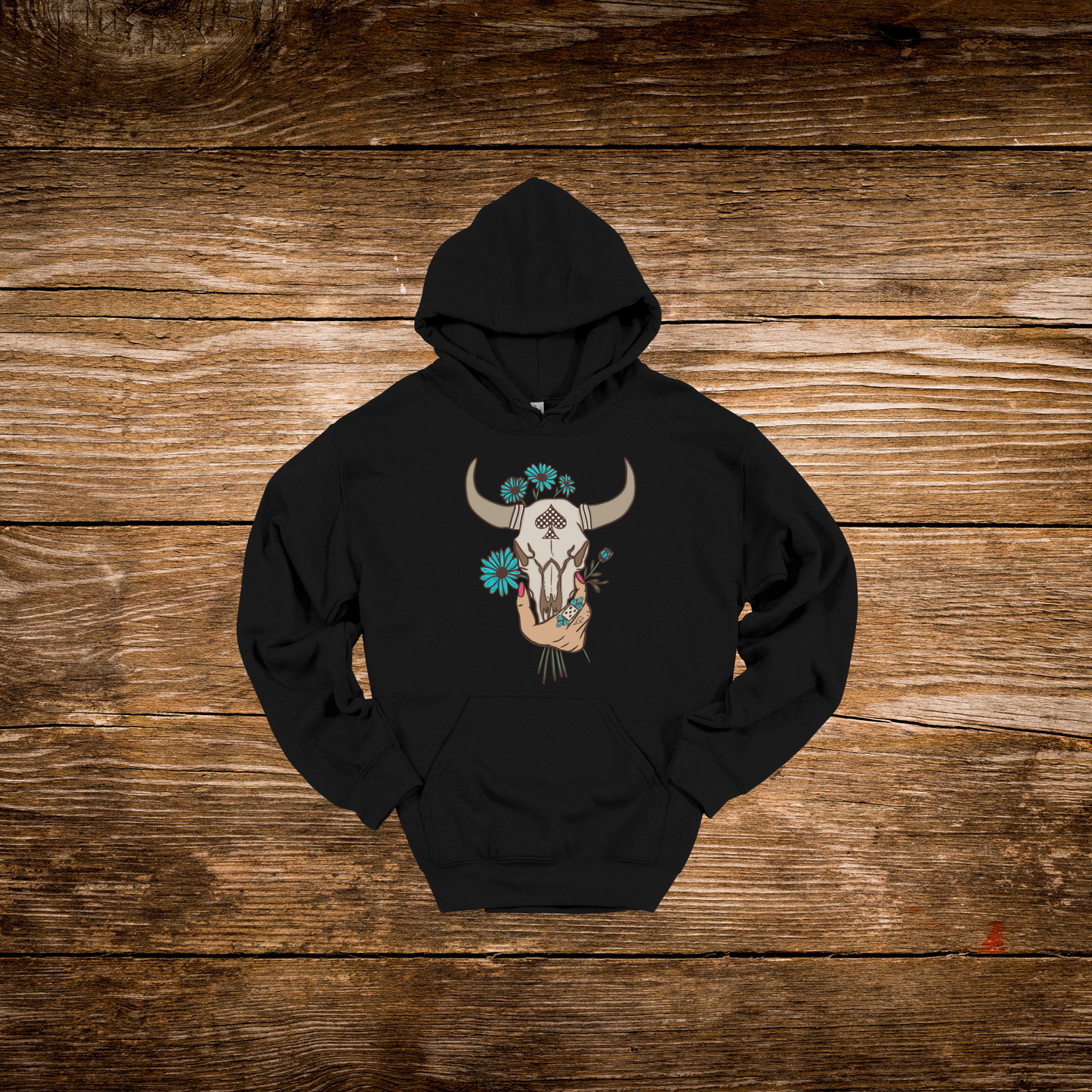 Western Turquoise Bull Skull Hoodie