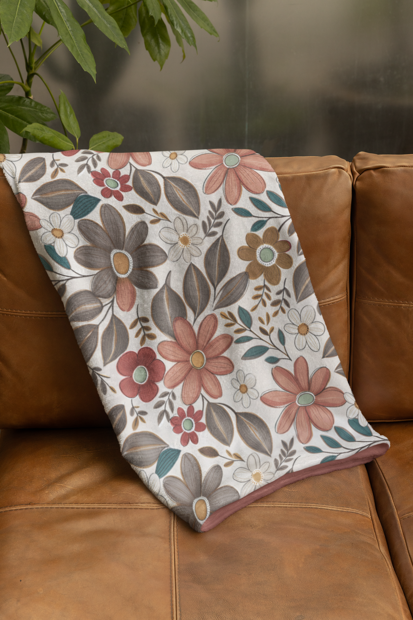 Floral Retro Throw Blanket — Warm Rust Backing, Cozy Velveteen Microfiber