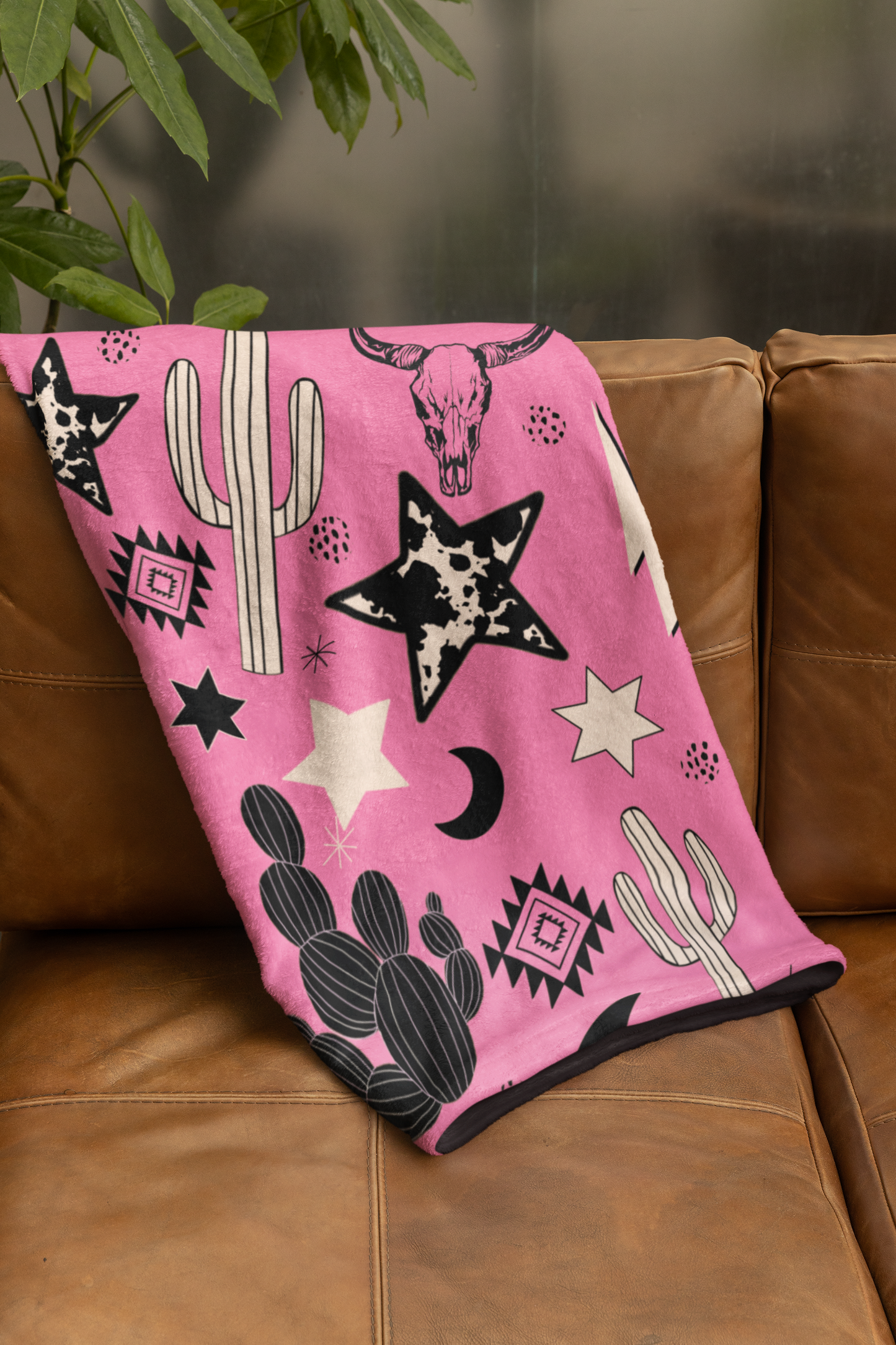 Southwest Cactus Cow Skull Plush Blanket – Pink Velveteen Throw