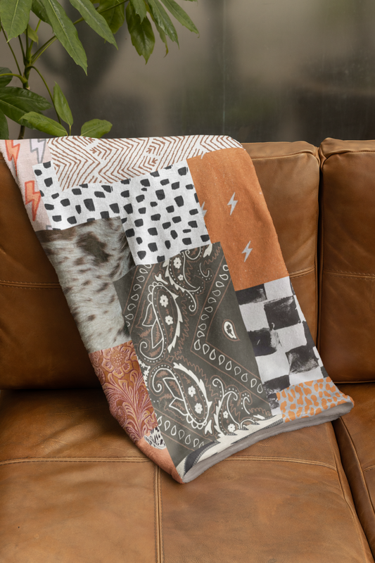 Patchwork Boho Throw Blanket — Reversible Velveteen Microfiber