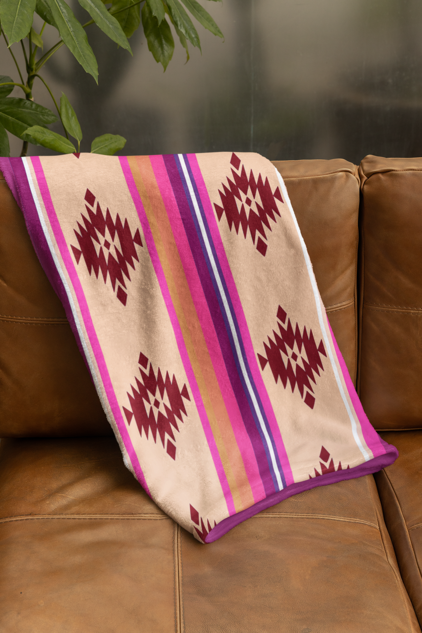 Southwestern Stripe Velveteen Blanket – Pink Aztec Microfiber Throw