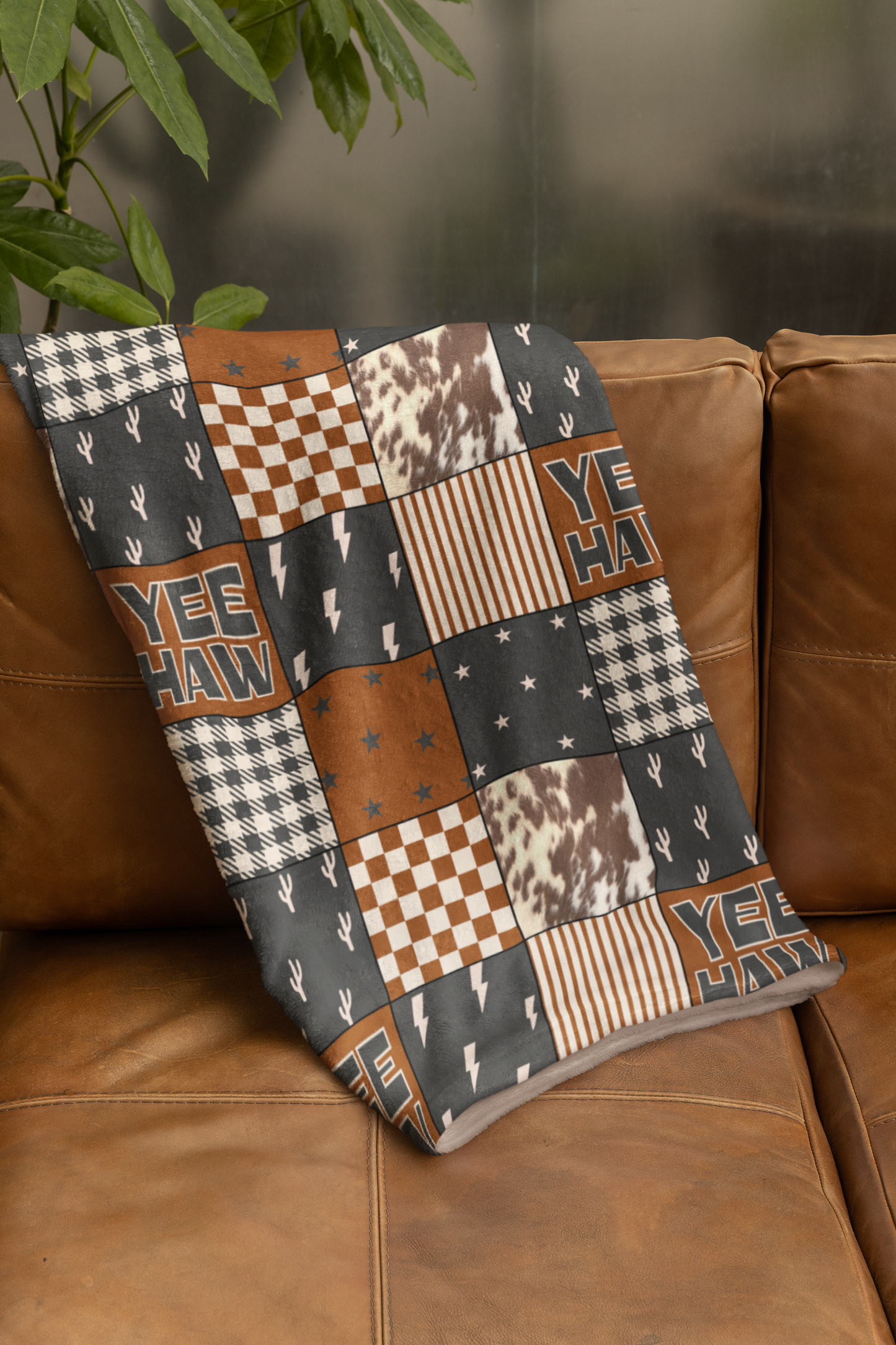 Yeehaw Patchwork Velveteen Blanket — Western Cowboy Microfiber Throw, Two-Sided Design