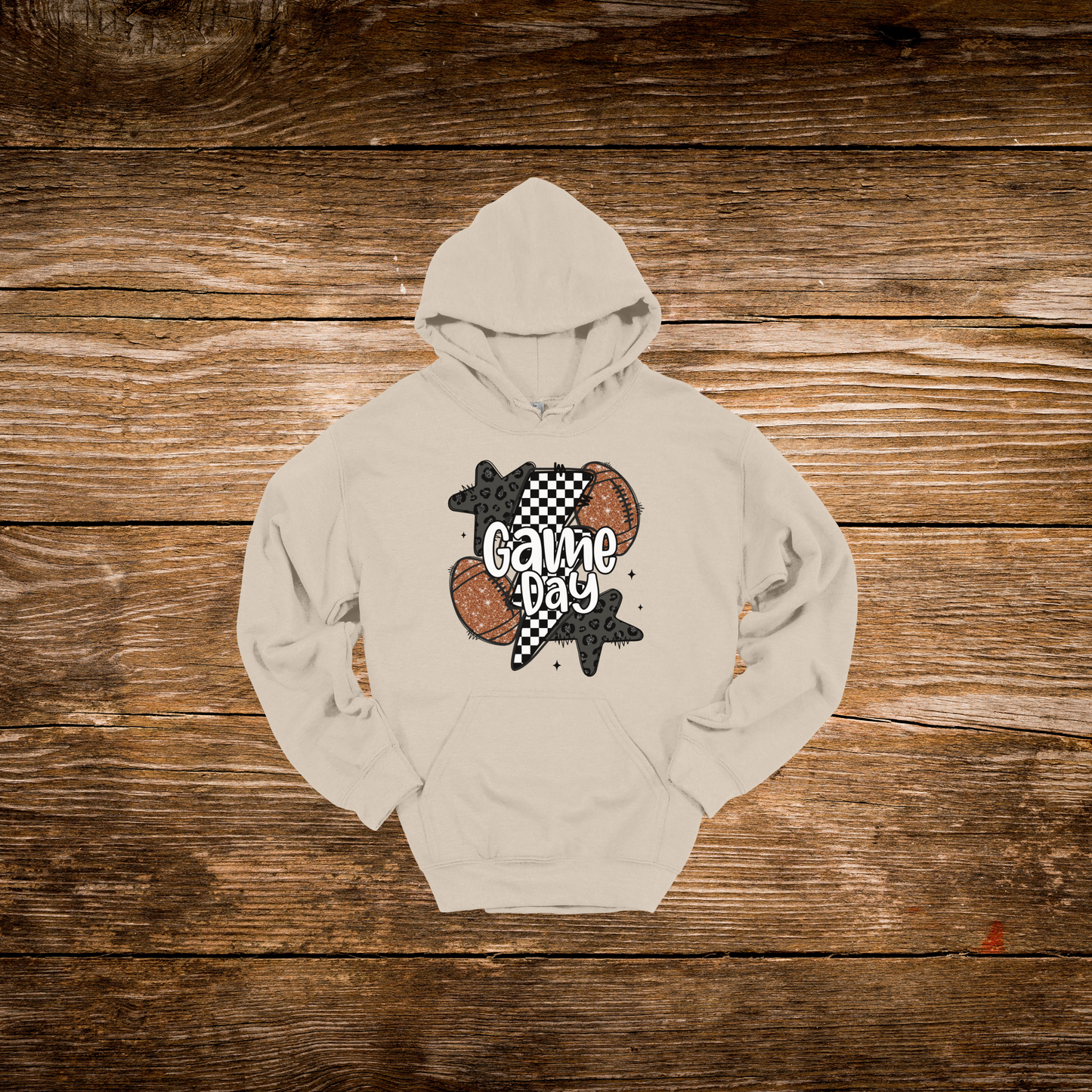 Checkered Bolt Star Football Game Day Hoodie
