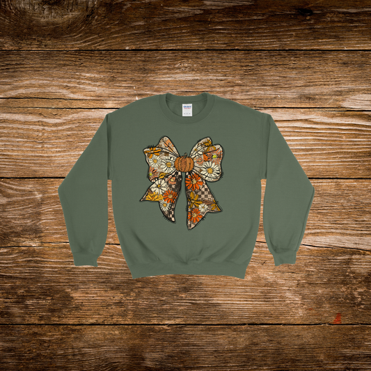 Fall Daisy Pumpkin Bow Crewneck