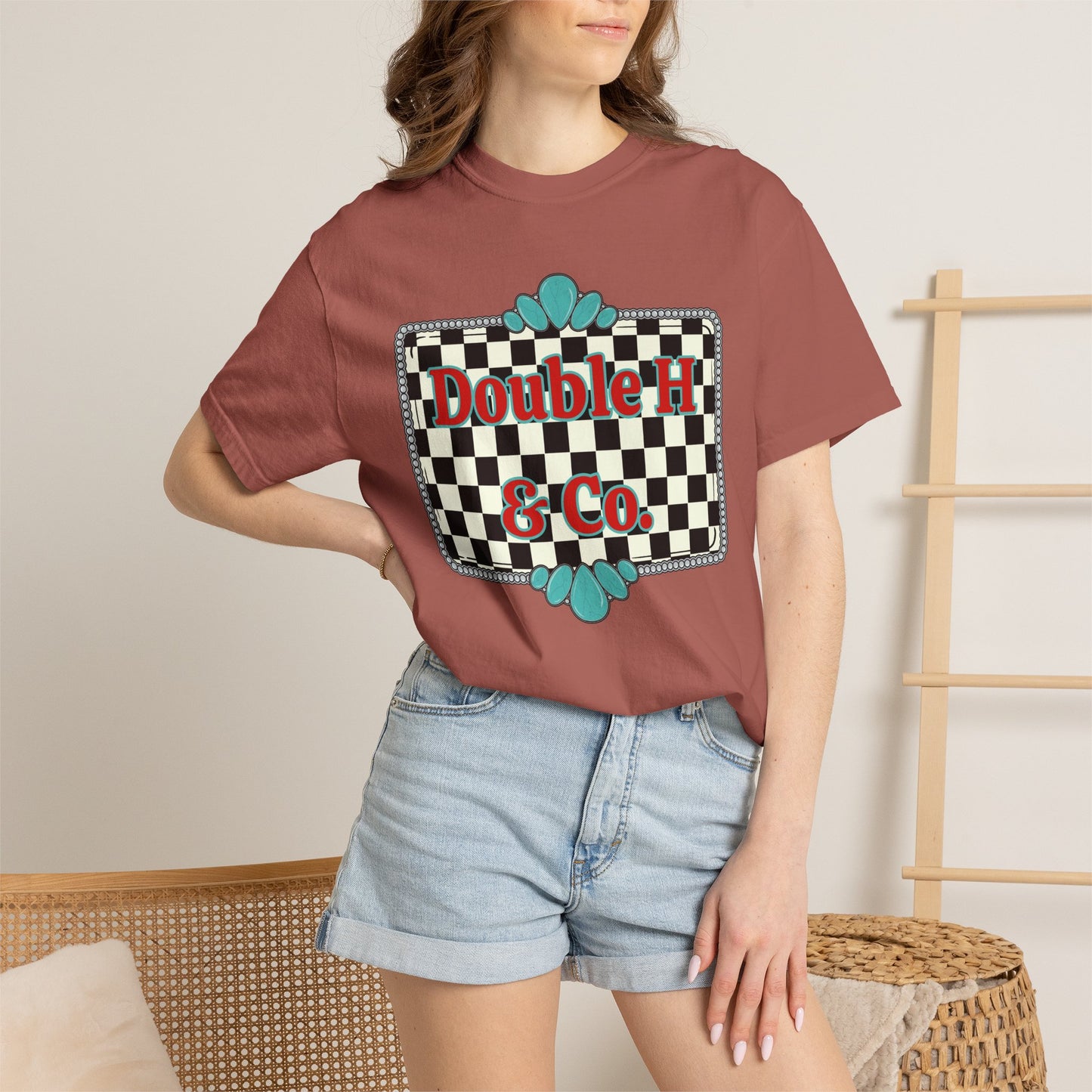 Double H & Co. Checkered Turquoise Tee
