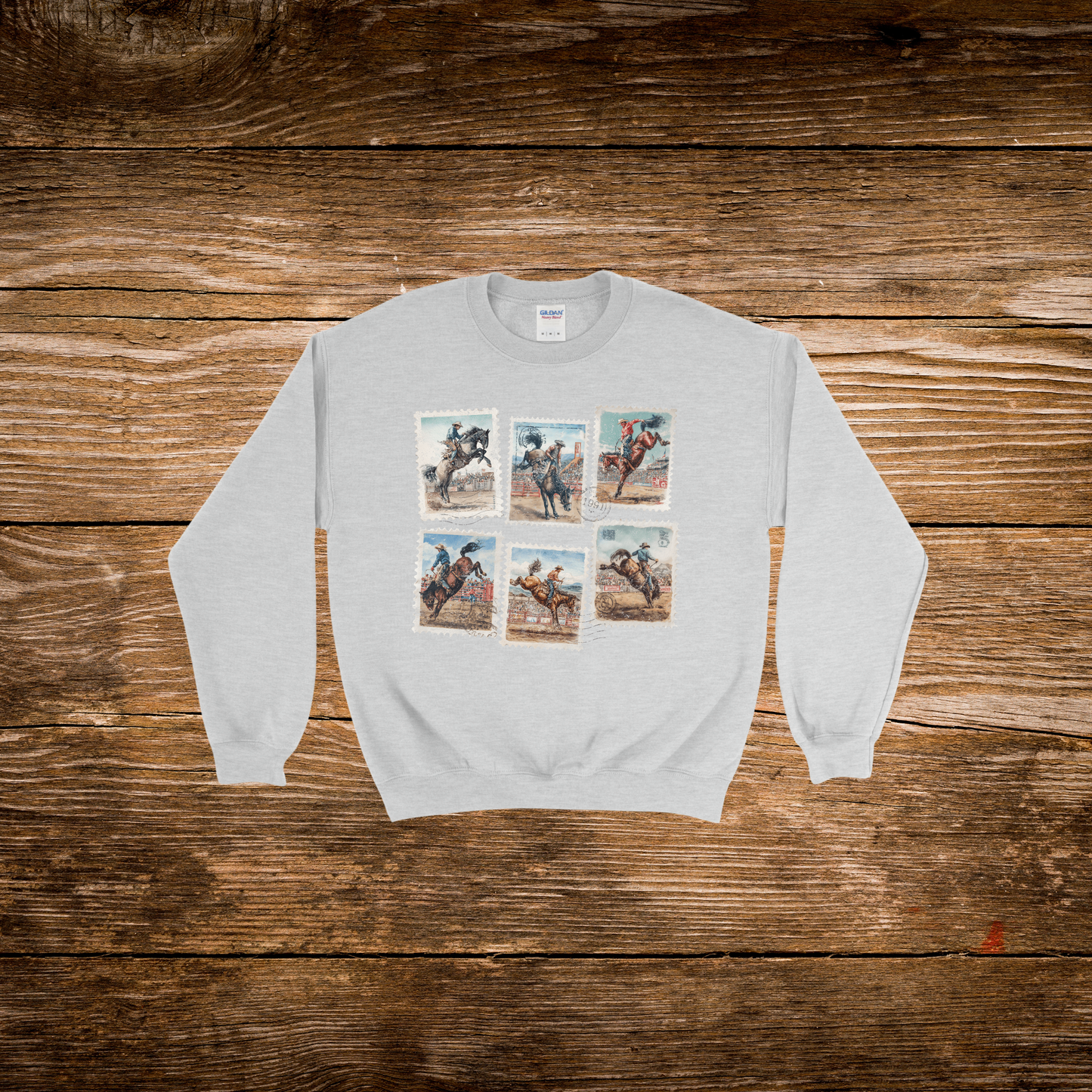 Rustic Postage Stamp Bucking Horses Crewneck