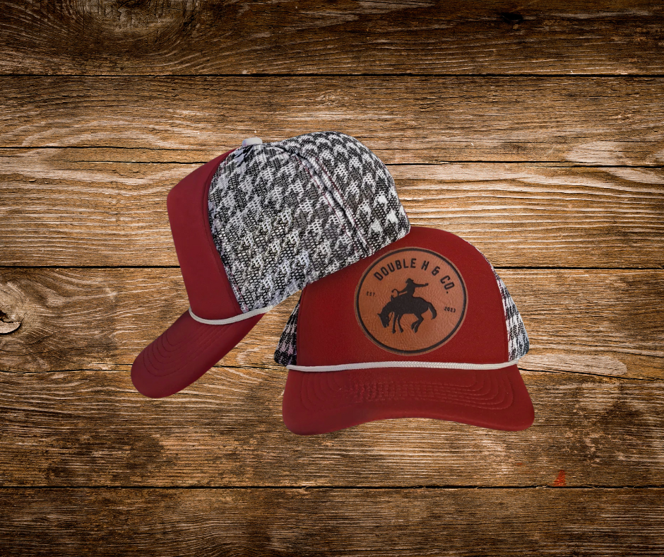 Red Hoodstooth Leather Patch Trucker Hat