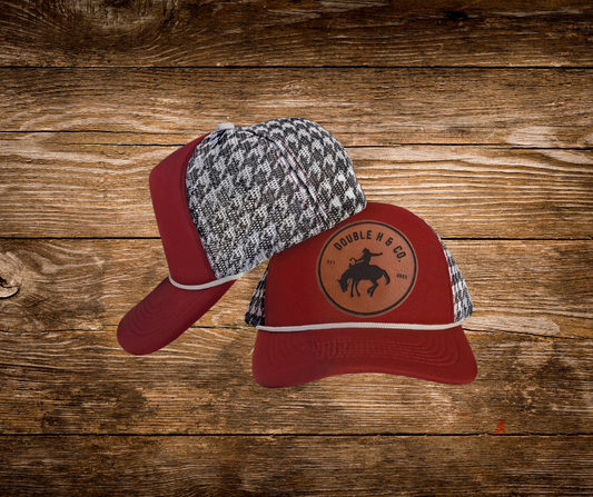 Red Hoodstooth Leather Patch Trucker Hat