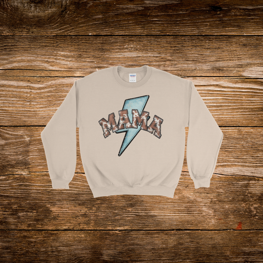 Turquoise Bolt Cow Print Mama Crewneck