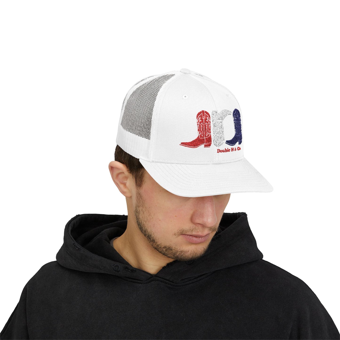 Patriotic Cowboy Boots Embroidered Trucker Hat