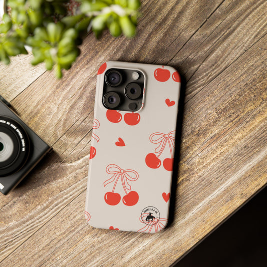 Cherry Pattern Slim Phone Case – Cute Red Cherries & Hearts Design