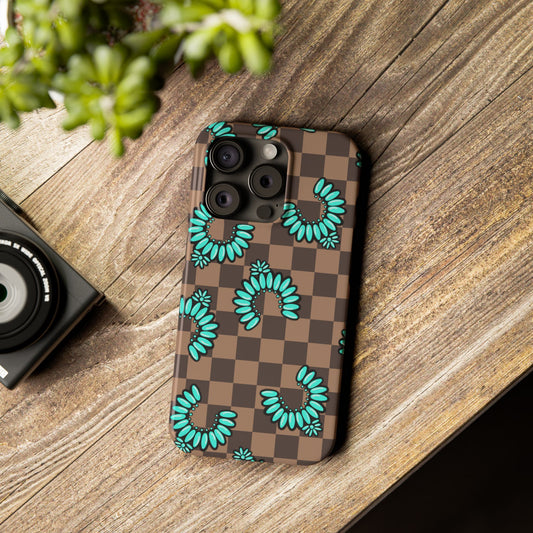 Slim Phone Case — Teal Floral Checkerboard Pattern