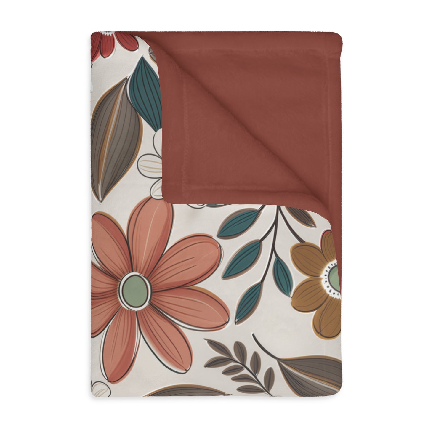 Floral Retro Throw Blanket — Warm Rust Backing, Cozy Velveteen Microfiber