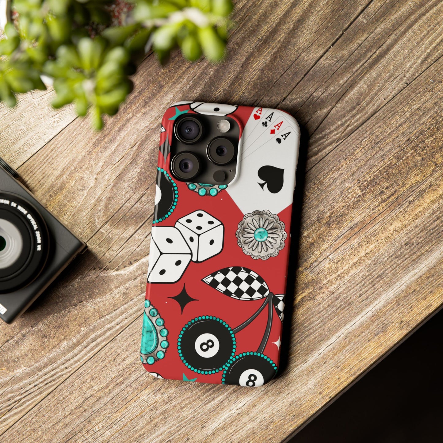Retro Casino Pattern Slim Phone Case – Dice, 8-Ball & Cards Design