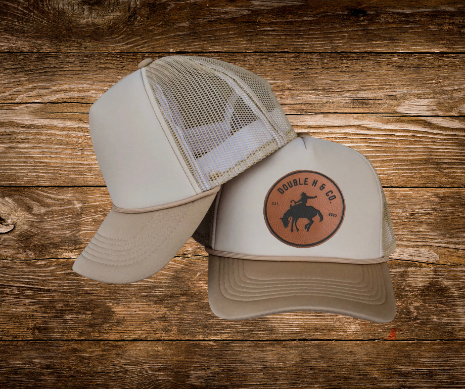 Cream/Khaki Leather Patch Trucker Hat