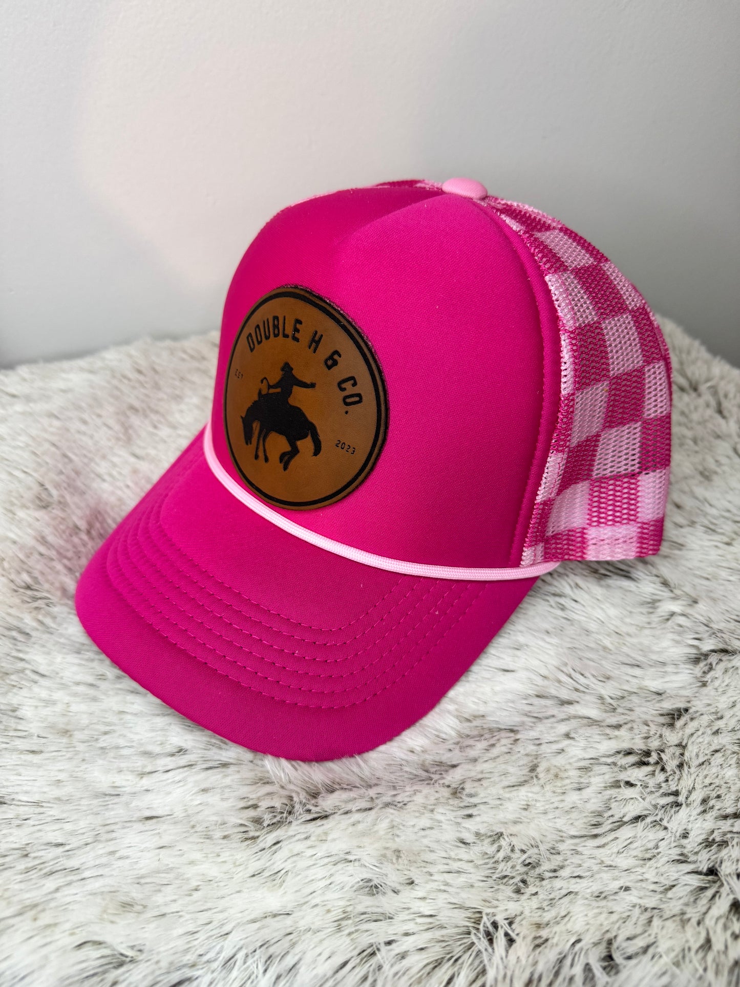 Hot Pink Checkered Leather Patch Trucker Hat