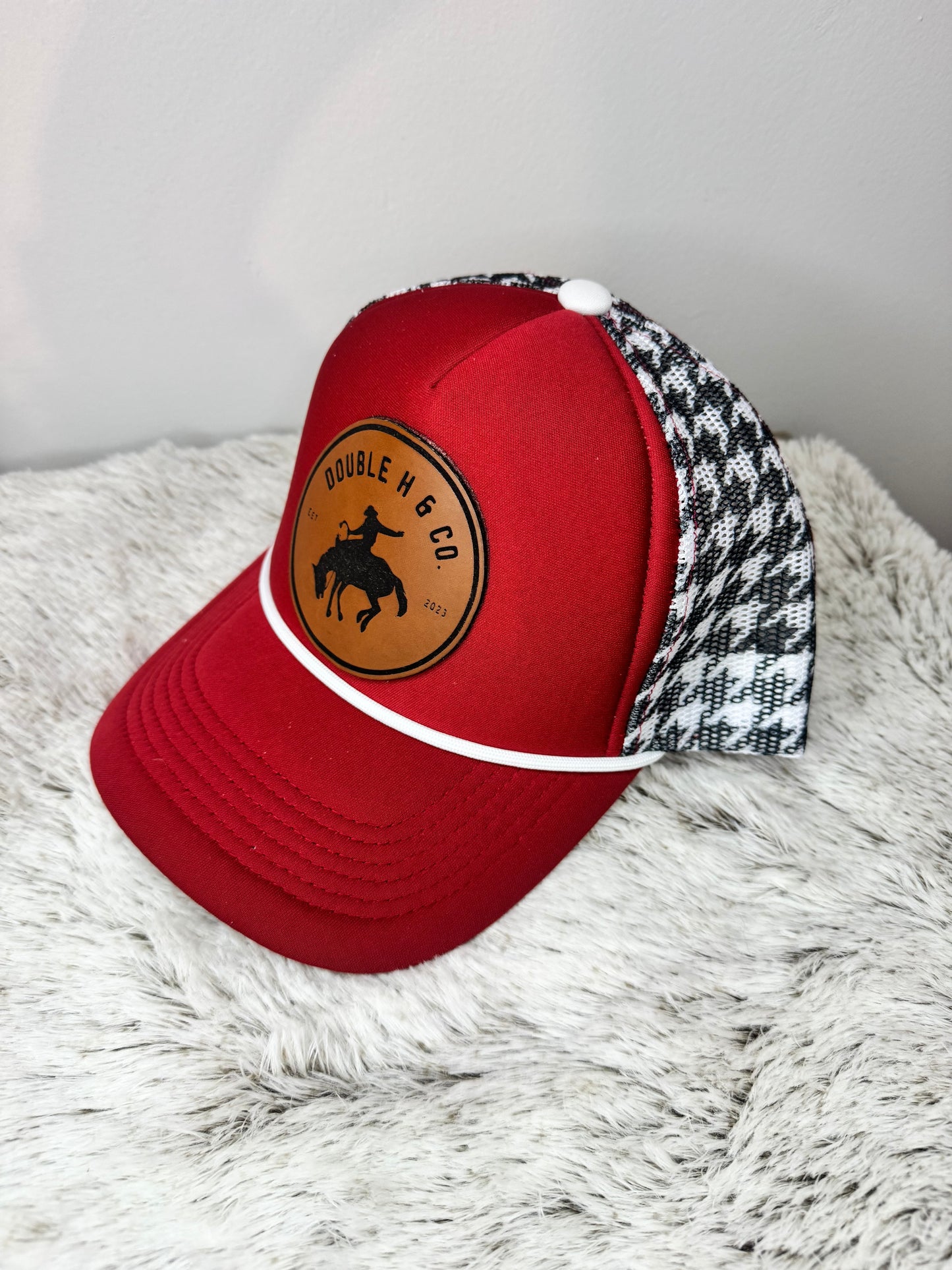 Red Hoodstooth Leather Patch Trucker Hat